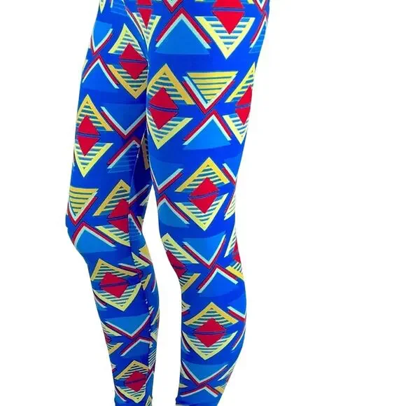 LuLaRoe Super Soft Leggings sz OS 2-10 Geometric Blues Red Yellow Stretchy Comfy - Picture 3 of 14
